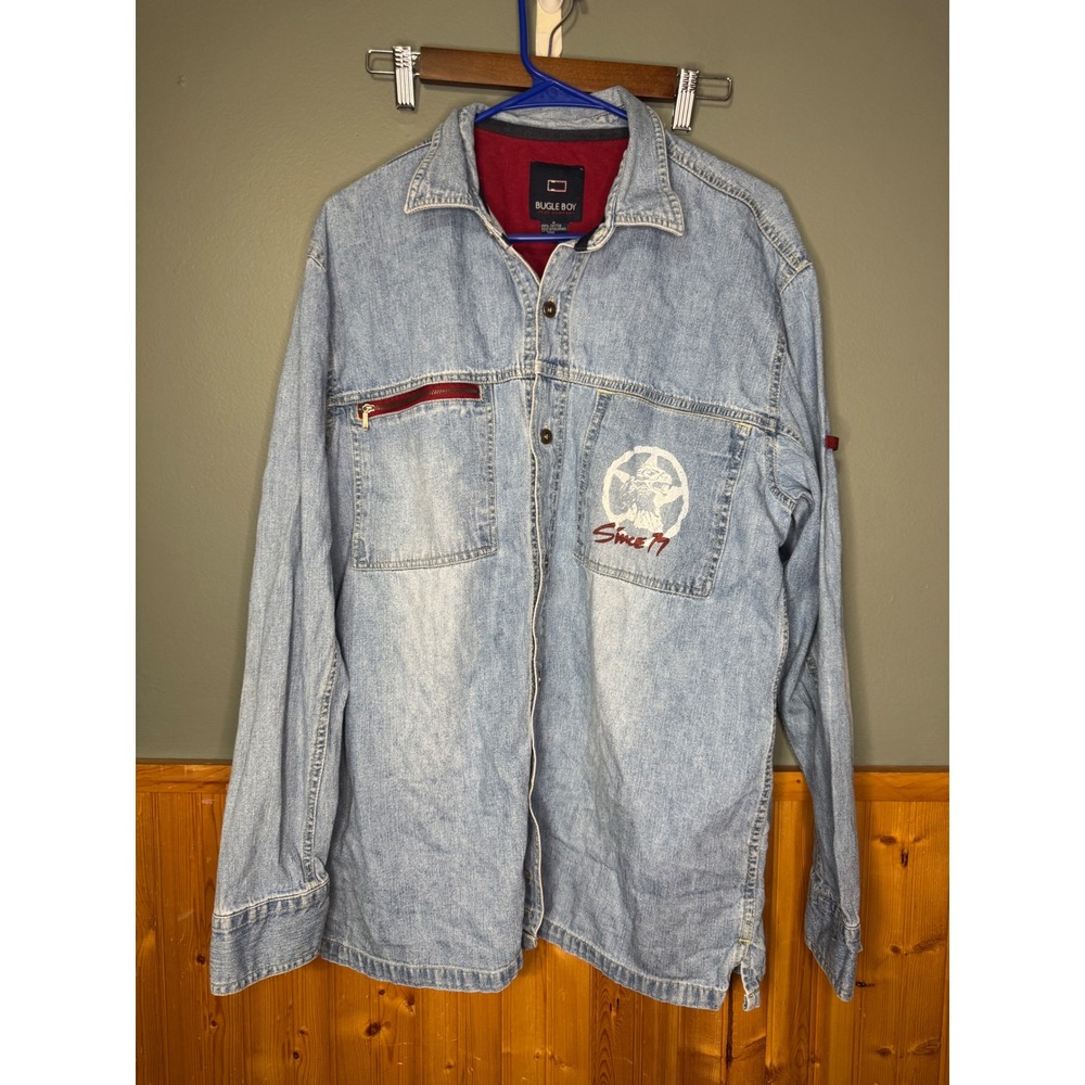 Vintage Bugle Boy Jean Shirt/Jacket Men's med Blue Denim Elbow Patch Button Down